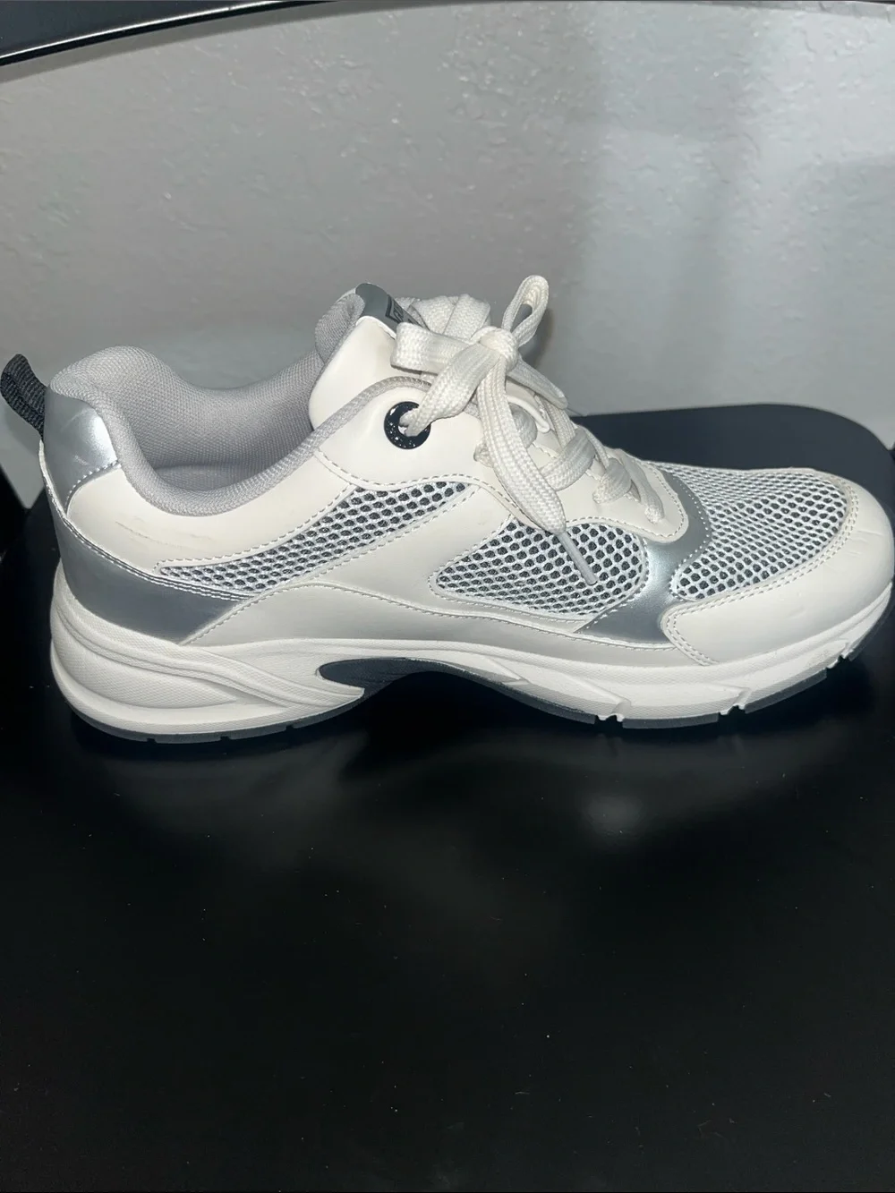 GUESS White and Silver Women's Chunky Lace-Up Sneakers - Picture 3 of 6